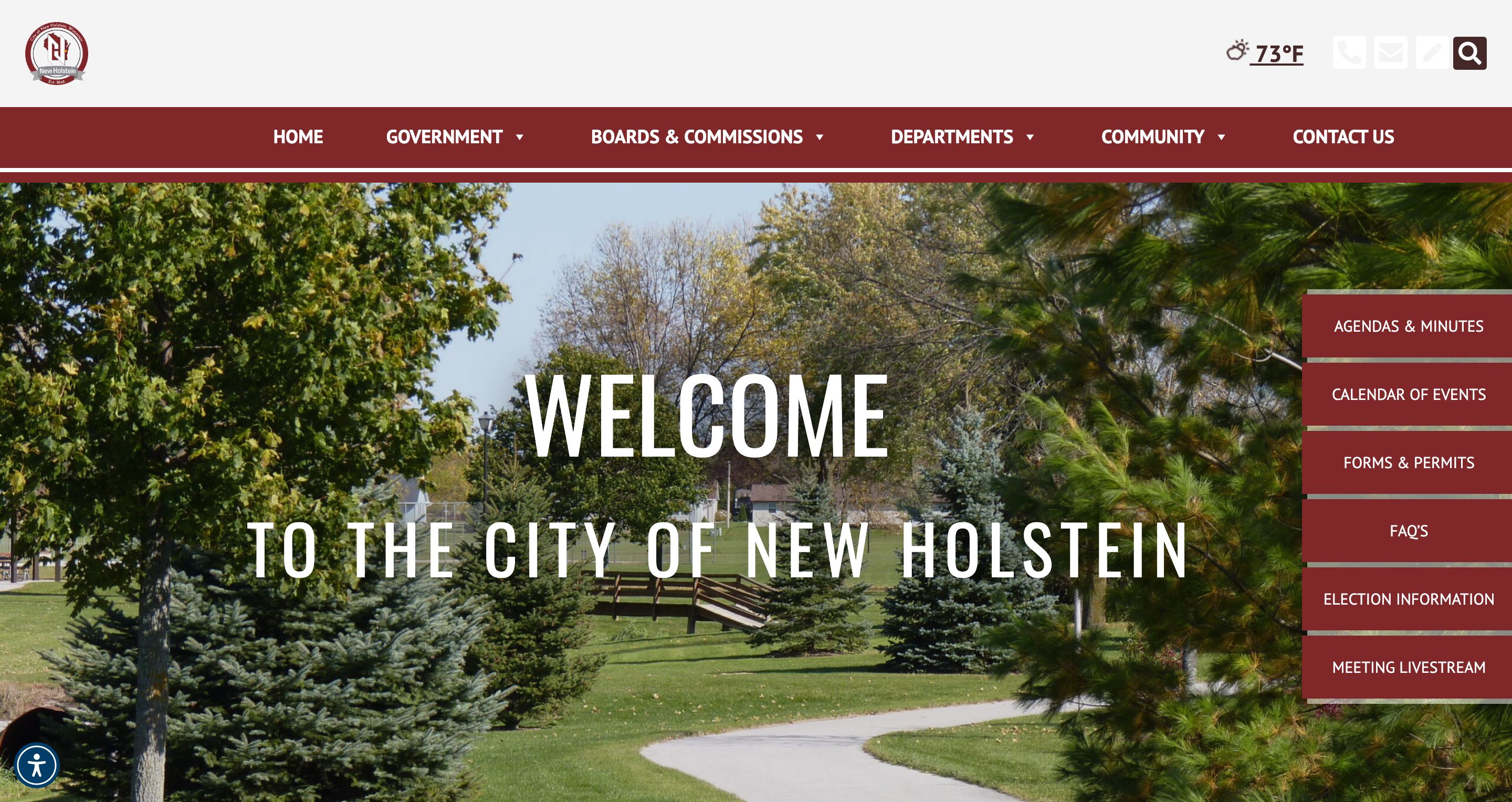 Homepage of the City of New Holstein, Wisconsin municipal website, designed by Town Web